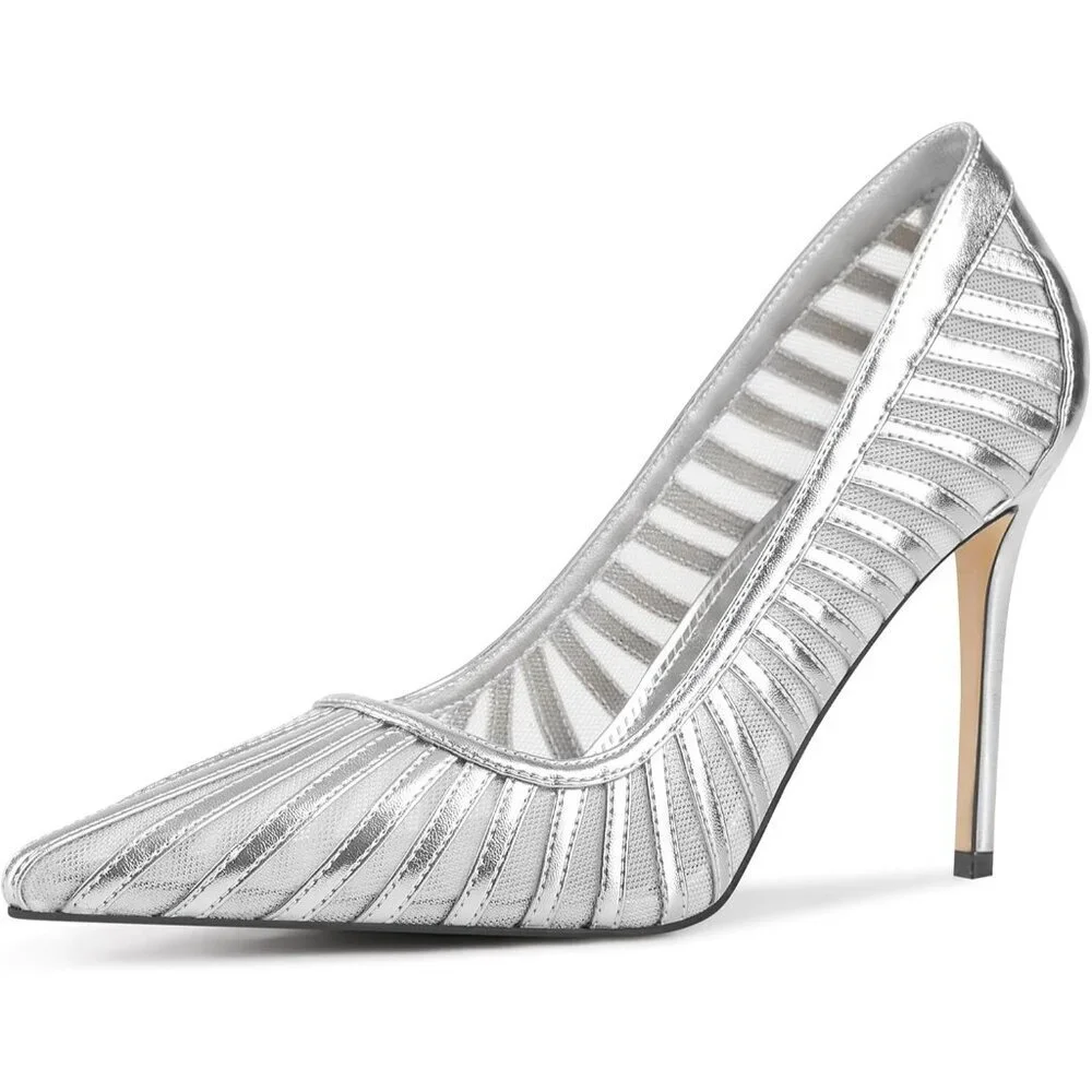 Women's Silver Pumps Pointed Toe Heels Closed Toe Mesh Pumps High Stiletto Heel